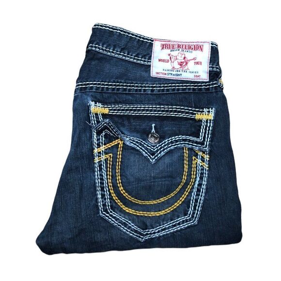 Rare True Religion Jeans Size 34 STRAIGHT YELLOW STITCH Blue - Picture 1 of 13